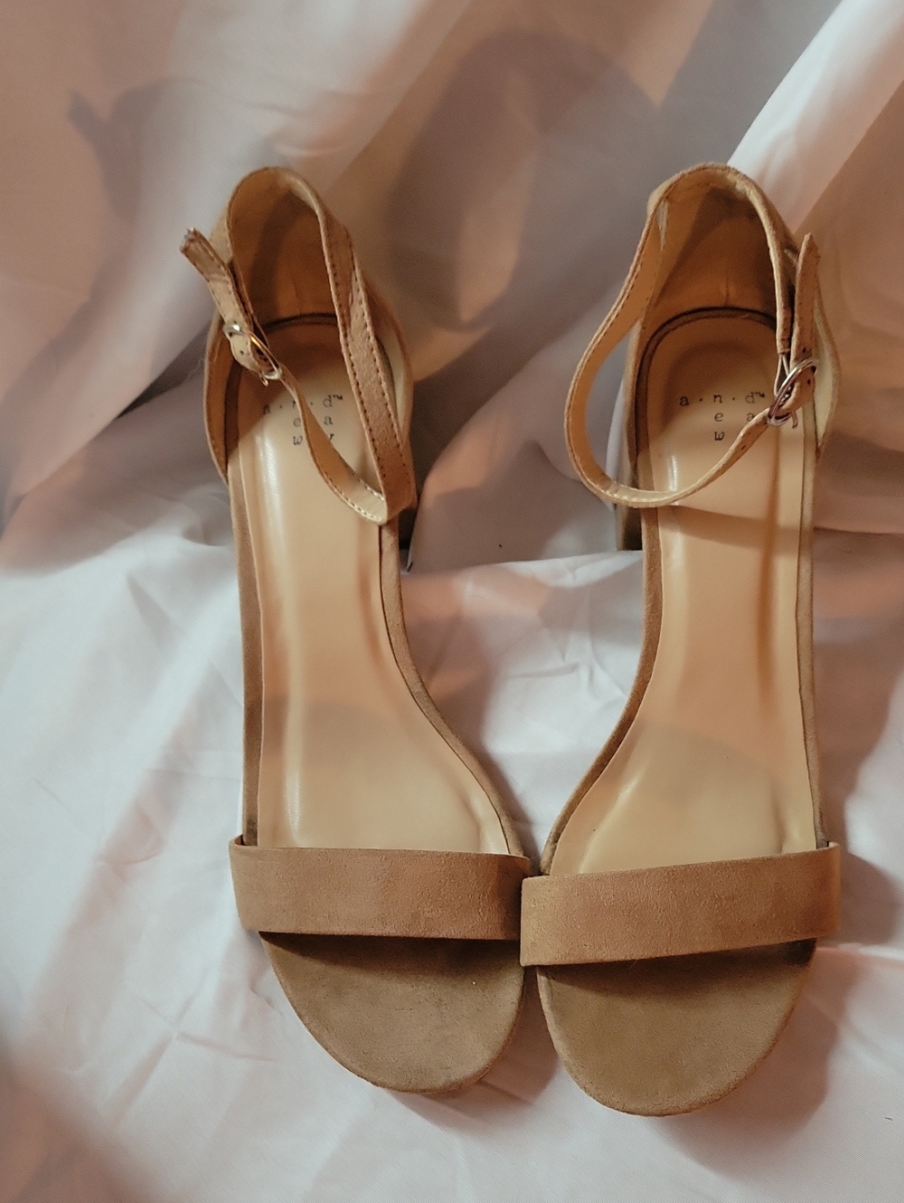A New Day Tan Suede Open-Toe Ankle-Strap Heels